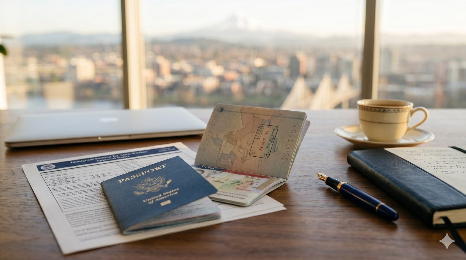 A US passport open on a walnut desk next to a USCIS approval notice, fountain pen, leather notebook, and coffee cup, with the Portland skyline visible through the window