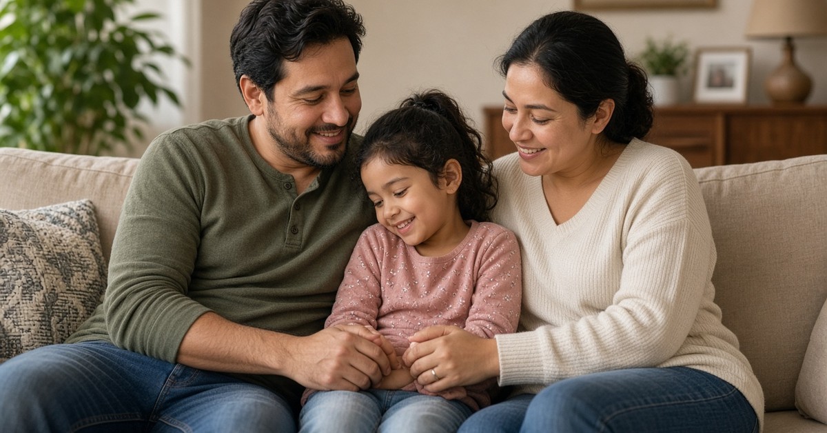 A smiling couple sitting on a living room couch with their young daughter