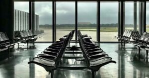 Empty airport waiting hall with rows of black seats facing tall windows that look out on a runway under a cloudy sky