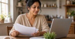 Woman reviewing immigration paperwork at her kitchen table beside a laptop, looking hopeful.