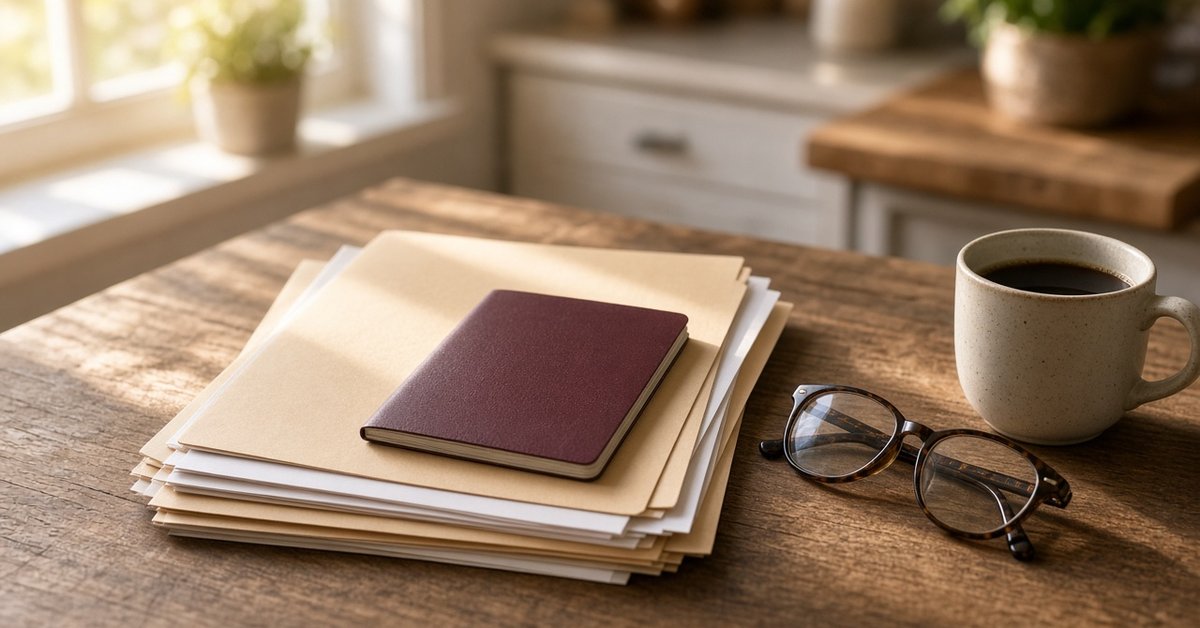 Stack of manila folders and a closed passport on a sunlit kitchen table beside reading glasses and a cup of coffee