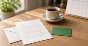 A notice letter and envelope on a sunlit wooden table beside a green card and a desk calendar