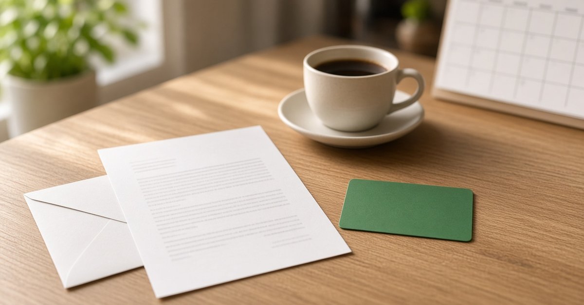 A notice letter and envelope on a sunlit wooden table beside a green card and a desk calendar